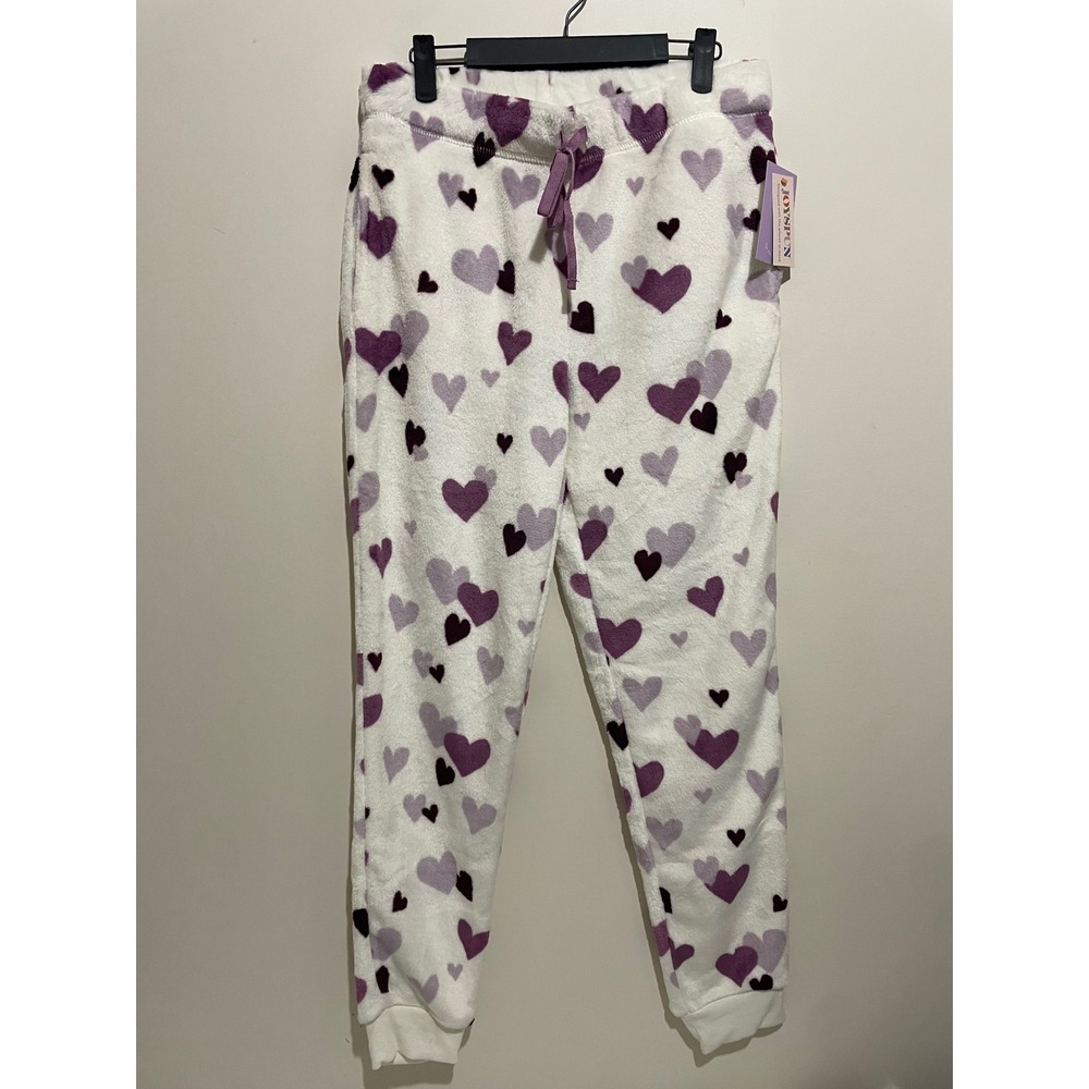 Joyspun Womens Purple Heart Print Fleece Pajama Sleep Cuff Pants Medium 8-10 NEW